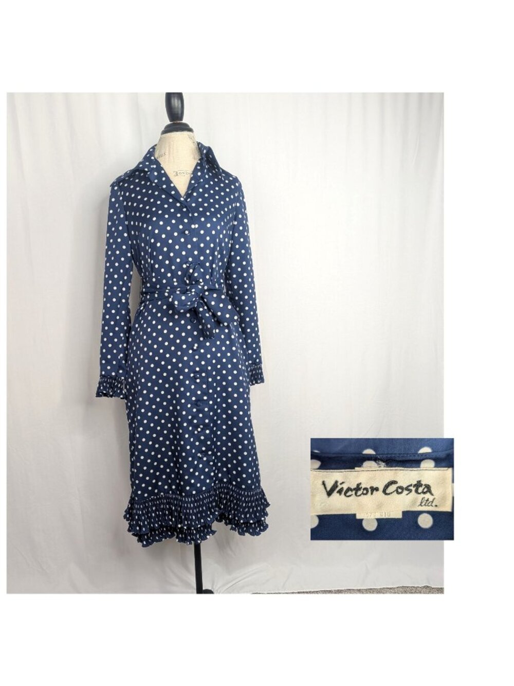 Vintage 60s Victor Costa Dress Medium Blue Polka Dot